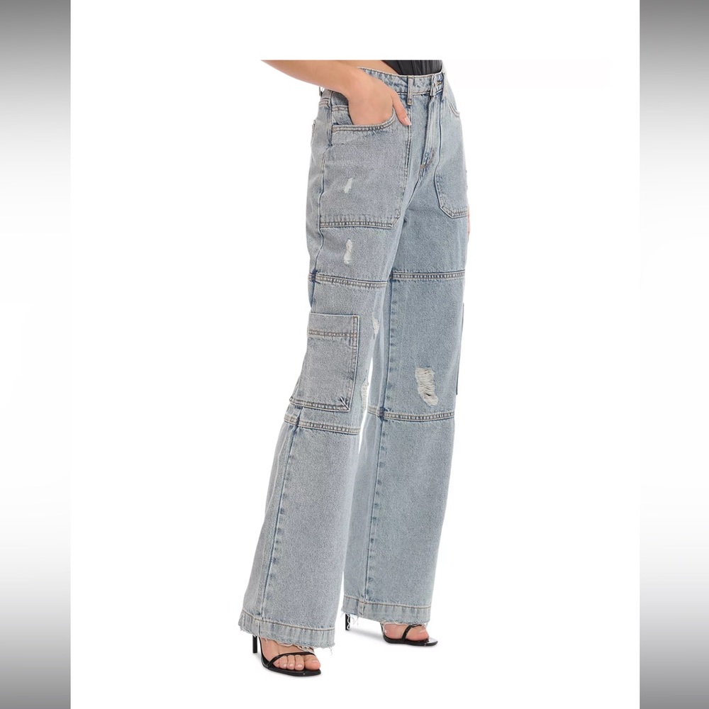 🎉LAST PIECE 🎉AVEC LES FILLES High Rise Wide Leg Cargo Jeans In Destructed Wash - Picture 3 of 3